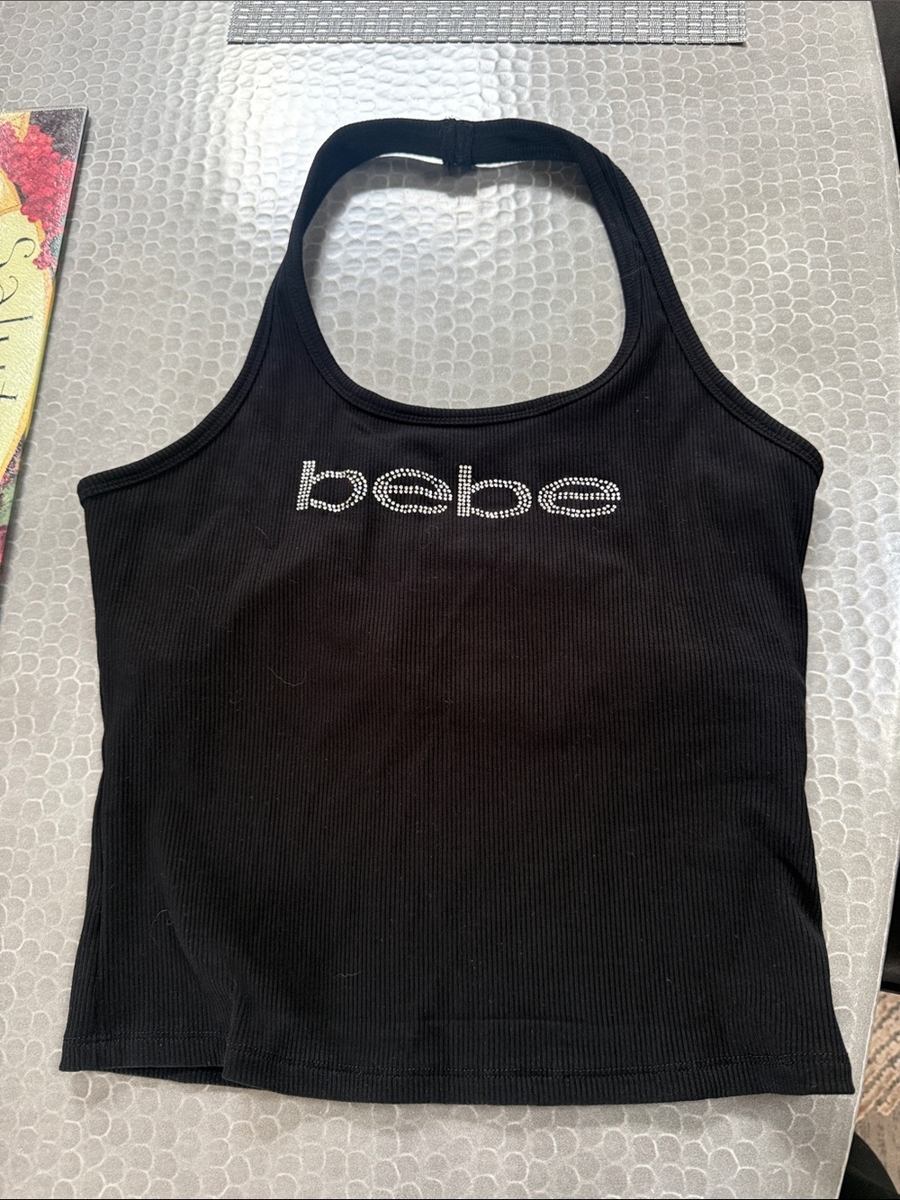 bebe Black Ribbed Rhinestone Logo Halter Tank